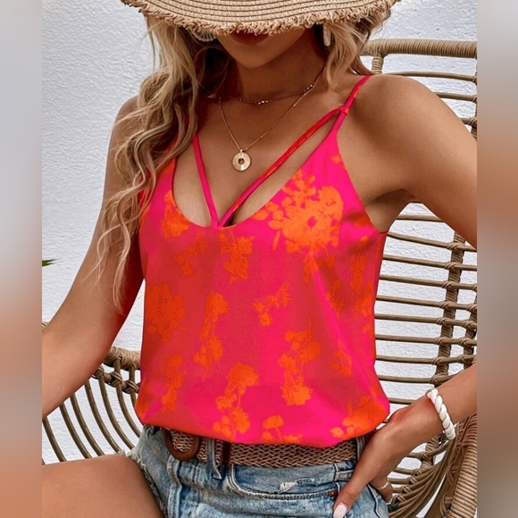 New Boho Floral Strappy Cami Tank Top Hot Pink Orange - Picture 4 of 8